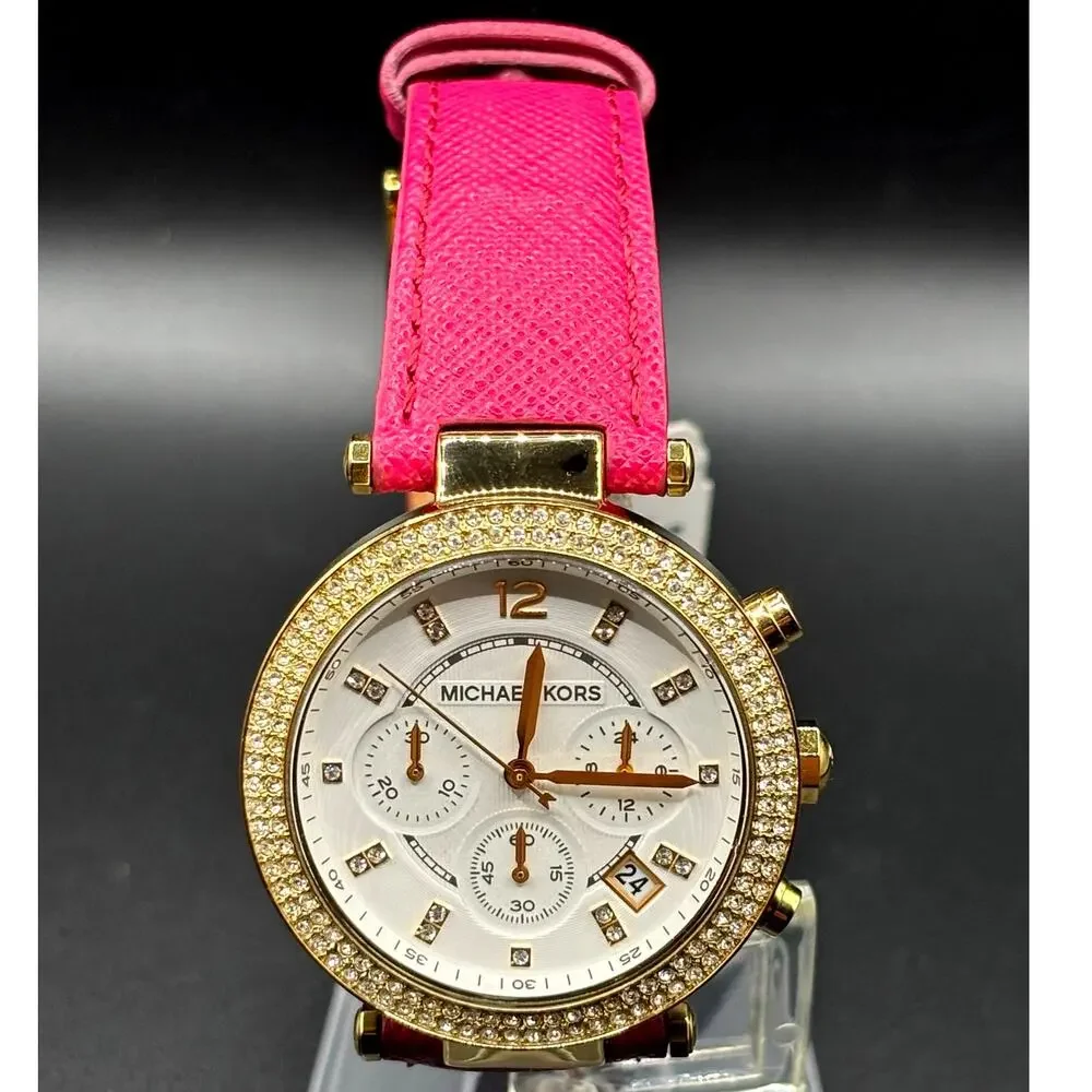 Michael Kors Parker MK2297 Crystal Chronograph Pink Leather Watch NWT